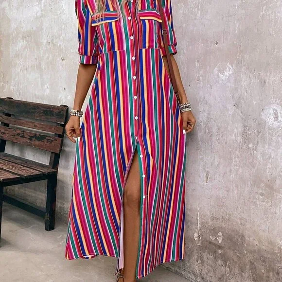 Multicolor Casual Women's Vacation Colorful Striped Front Buttoned Maxi Dress - Picture 6 of 7
